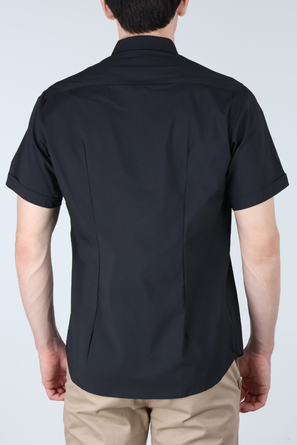 Camisa Negra Manga Corta Slim Fit Lisa Casual Para Hombre